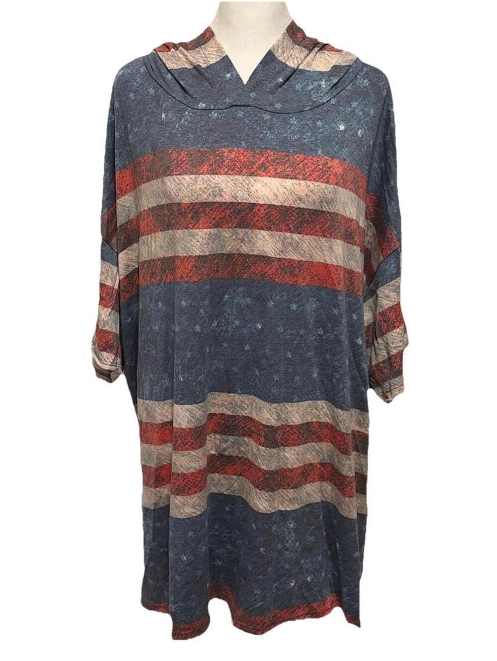 NWT LuLaRoe 2XL Frankie Patriotic Red White Blue Short Sleeve Hoodie (22-24)